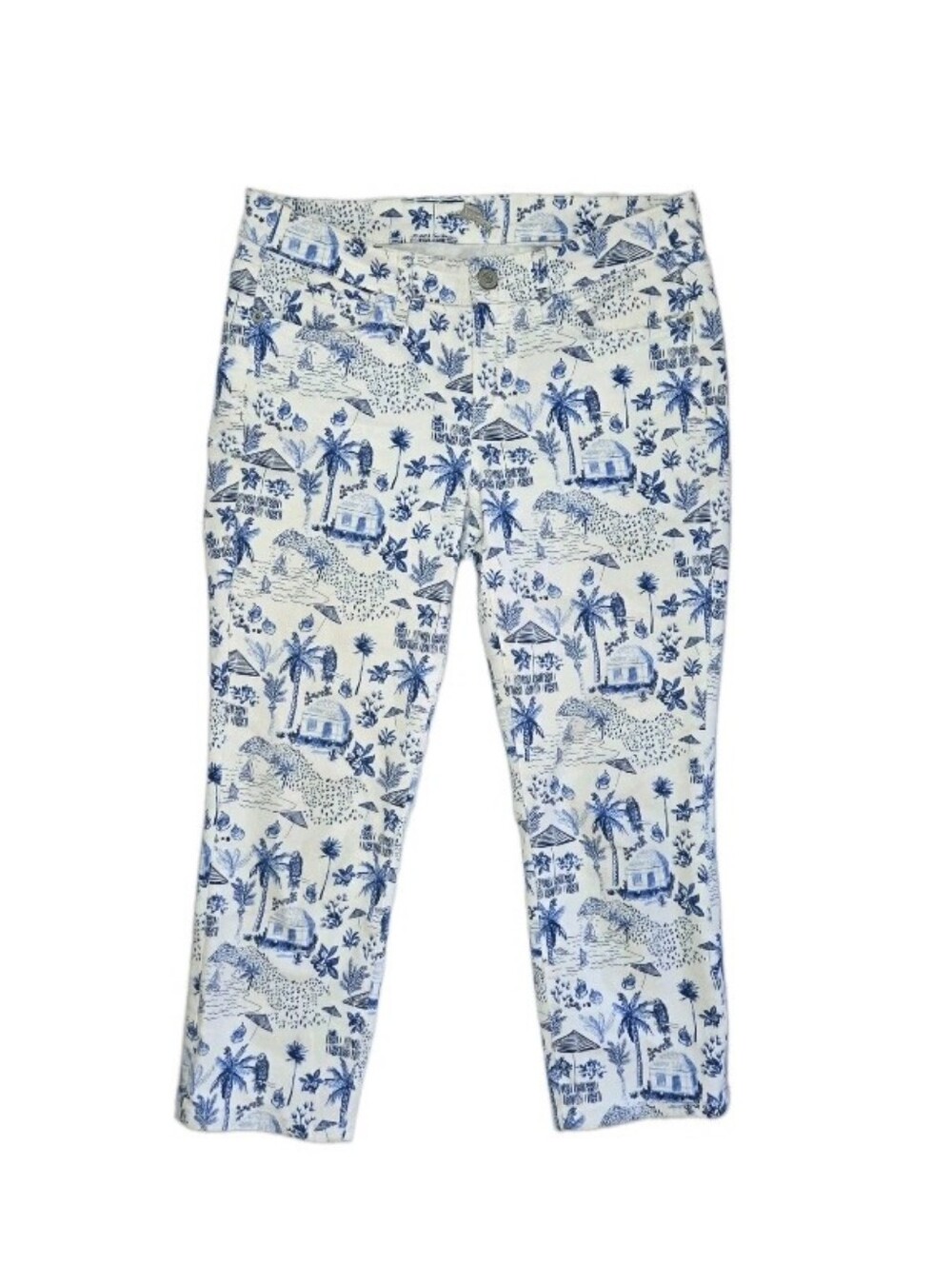 Tommy Bahama Coastal Cabanas Cropped Jeans Size 28x24 Blue White Beach Hut Print
